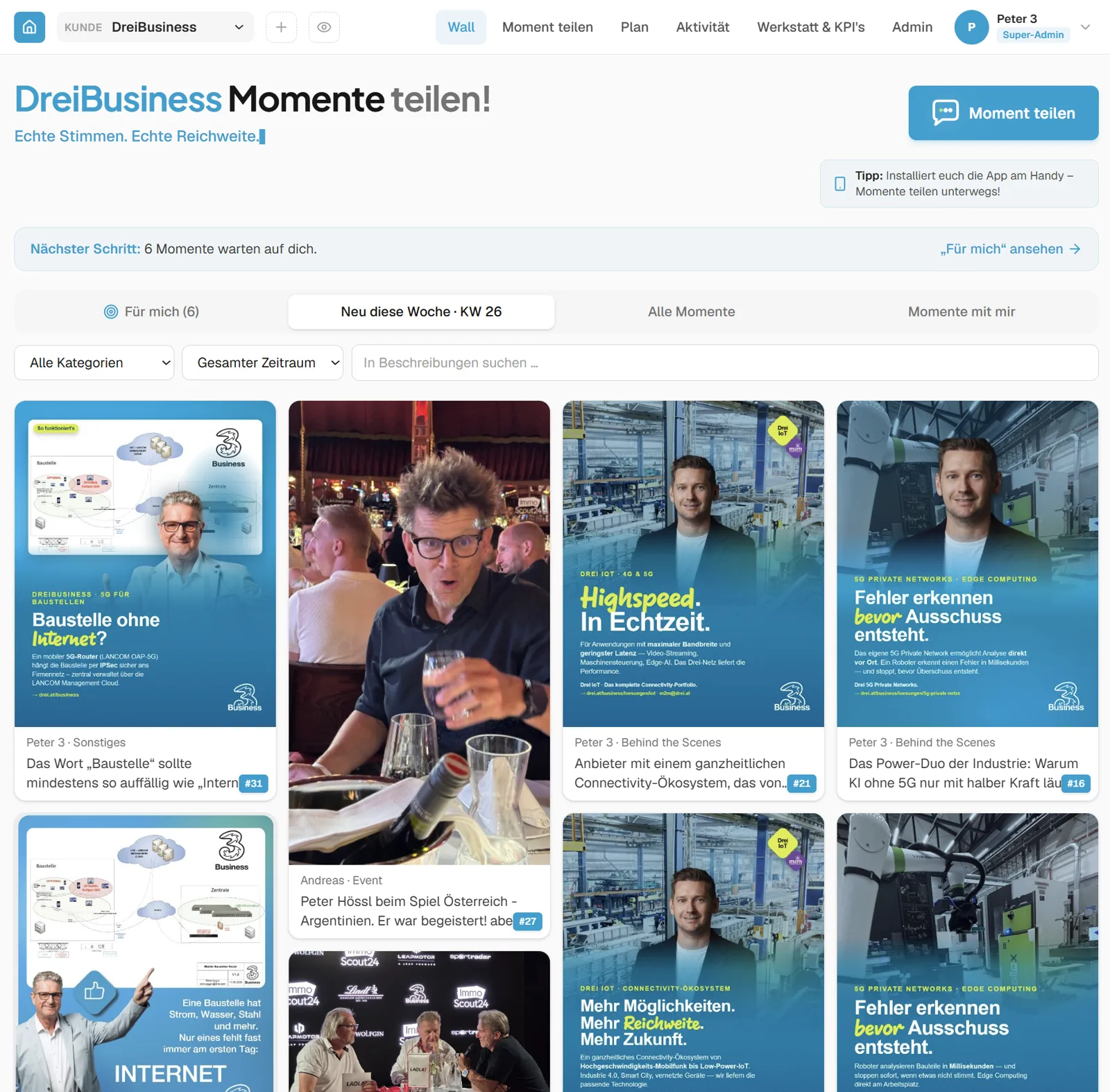 WerkMomente bei Drei &Ouml;sterreich live im Einsatz, Wall mit Moment-Pool und Personen-Zuweisung