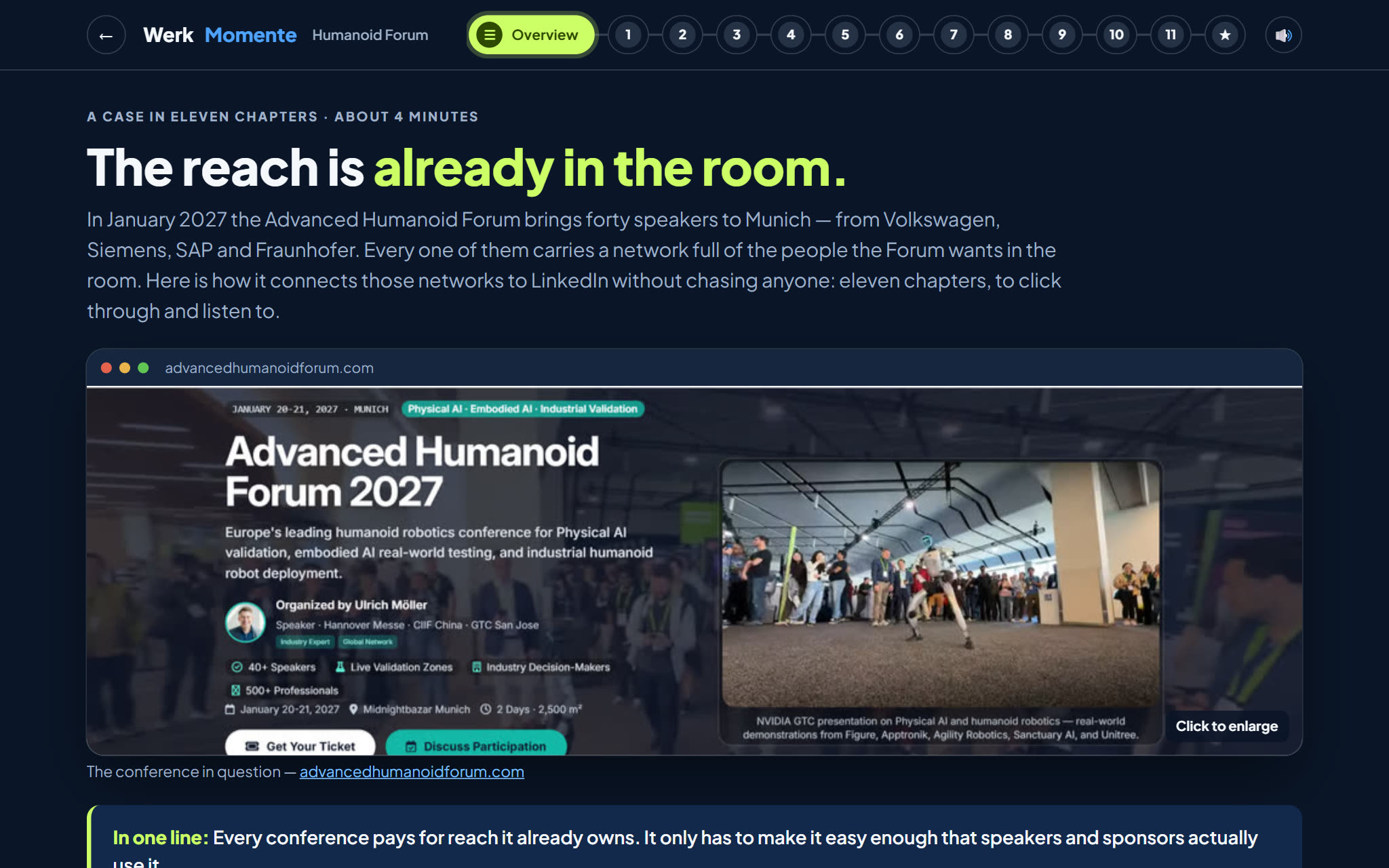 Advanced Humanoid Forum reference case: eleven chapters with running times and the forum key facts