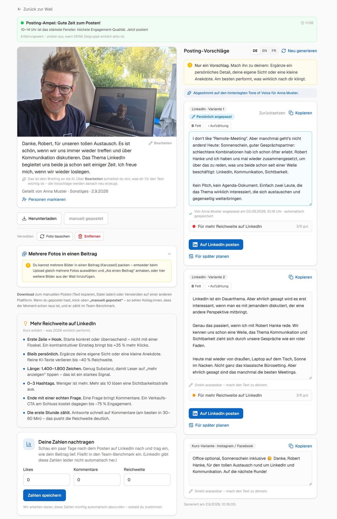Detailseite eines Moments: Posting-Ampel, Bild mit Briefing, KI-Textvorschl&auml;ge und Posting-Buttons