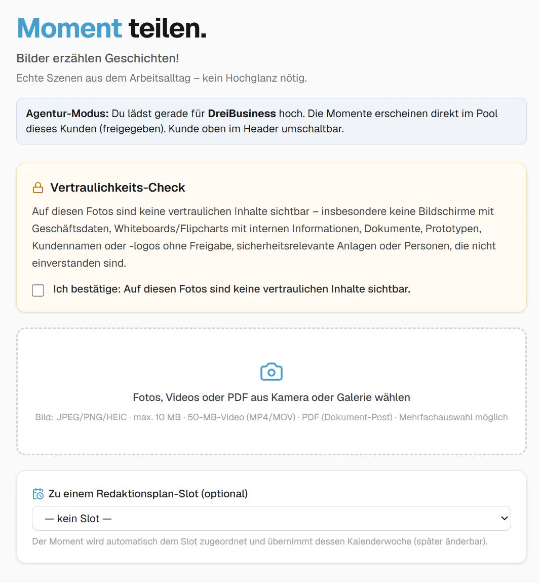 WerkMomente – Moment teilen mit Vertraulichkeits-Check