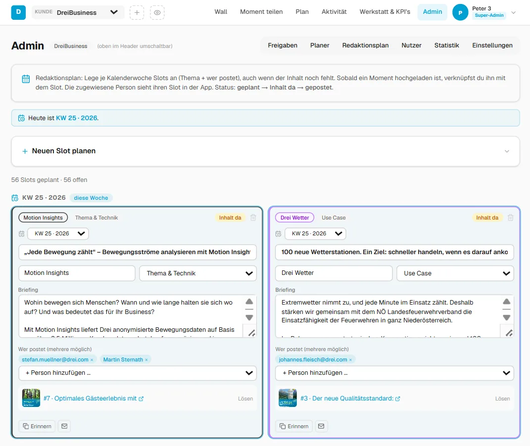 WerkMomente – Redaktionsplan Admin-Ansicht: Wochen-Slots mit Thema, Use-Case, Personen und Briefing