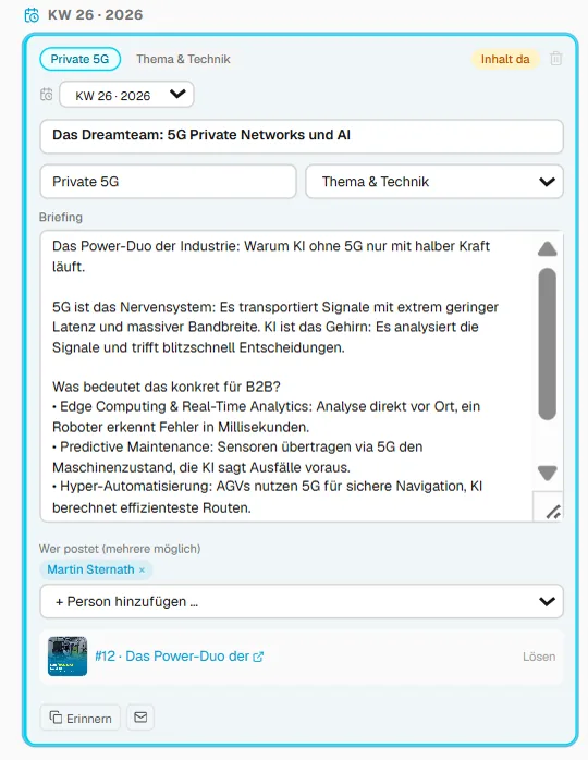 WerkMomente – Redaktionsplan Slot-Detail: vollständiges Briefing, Personen-Zuweisung, verknüpfter Moment