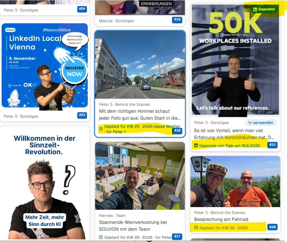 WerkMomente – Wall live mit Personen-Zuweisung, Posting-Datum, Post-Typ und LinkedIn-Status